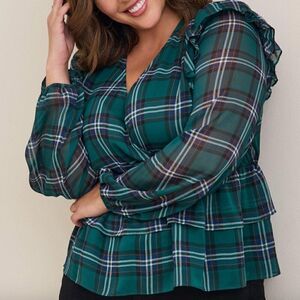 Torrid green plaid Chiffon Ruffled Surplice Crop Top 1
